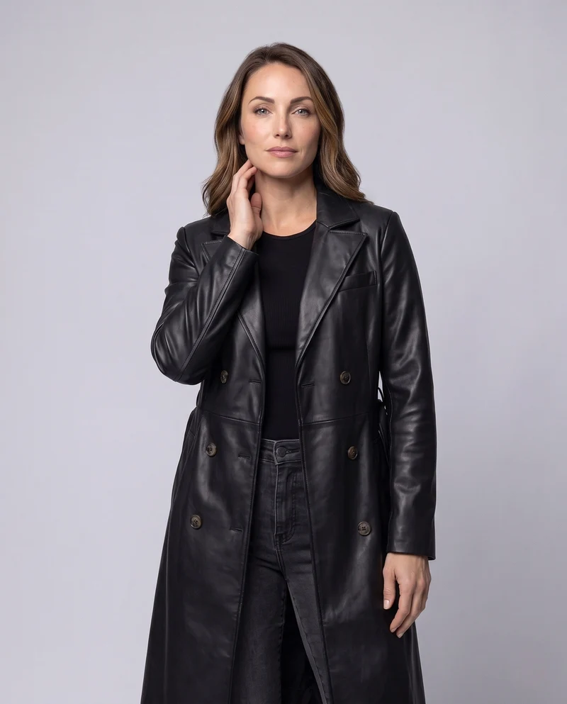 Damen längerer taillierter Trenchcoat aus veganem Lederlook mit Bindegürtel und Reverskragen Nord Taschen