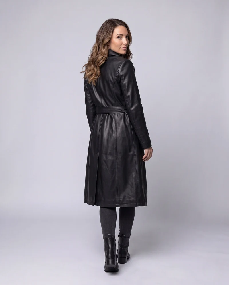 Damen längerer taillierter Trenchcoat aus veganem Lederlook mit Bindegürtel und Reverskragen Nord Taschen