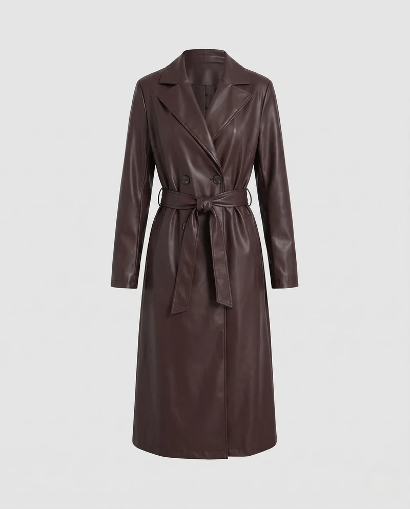 Damen längerer taillierter Trenchcoat aus veganem Lederlook mit Bindegürtel und Reverskragen Nord Taschen