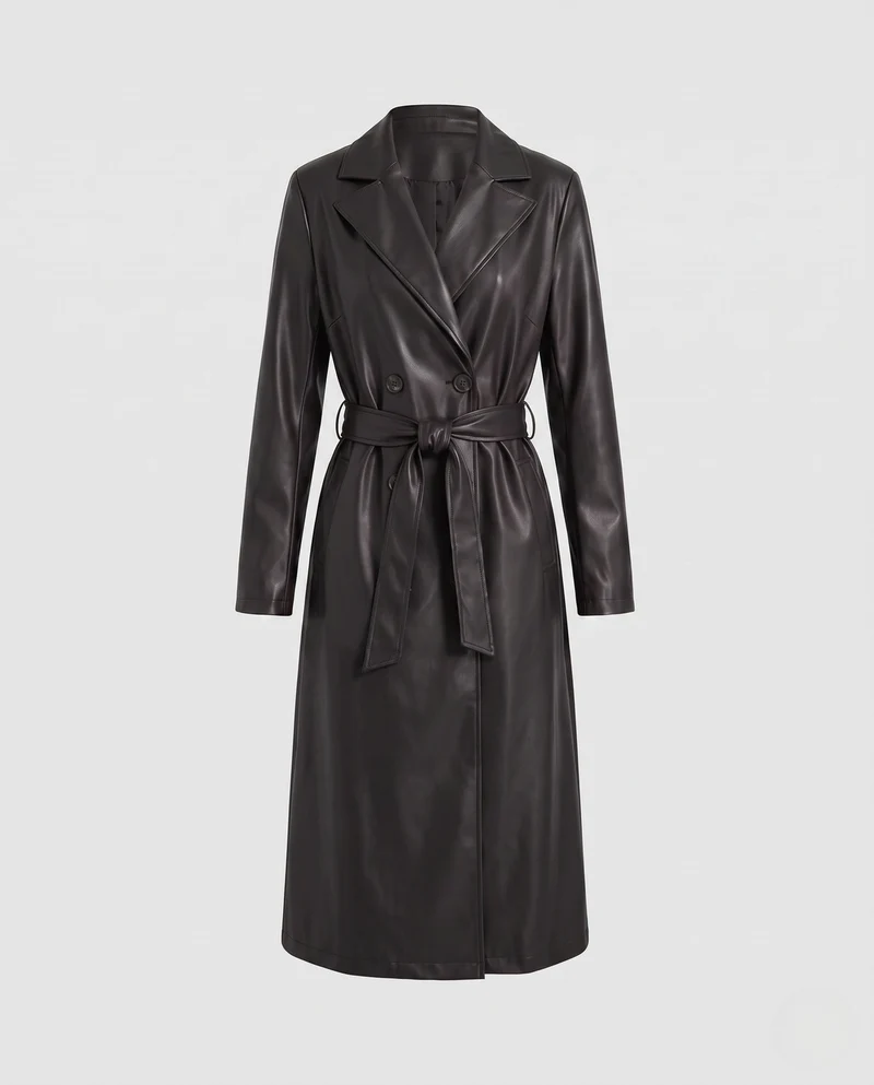 Damen längerer taillierter Trenchcoat aus veganem Lederlook mit Bindegürtel und Reverskragen Nord Taschen