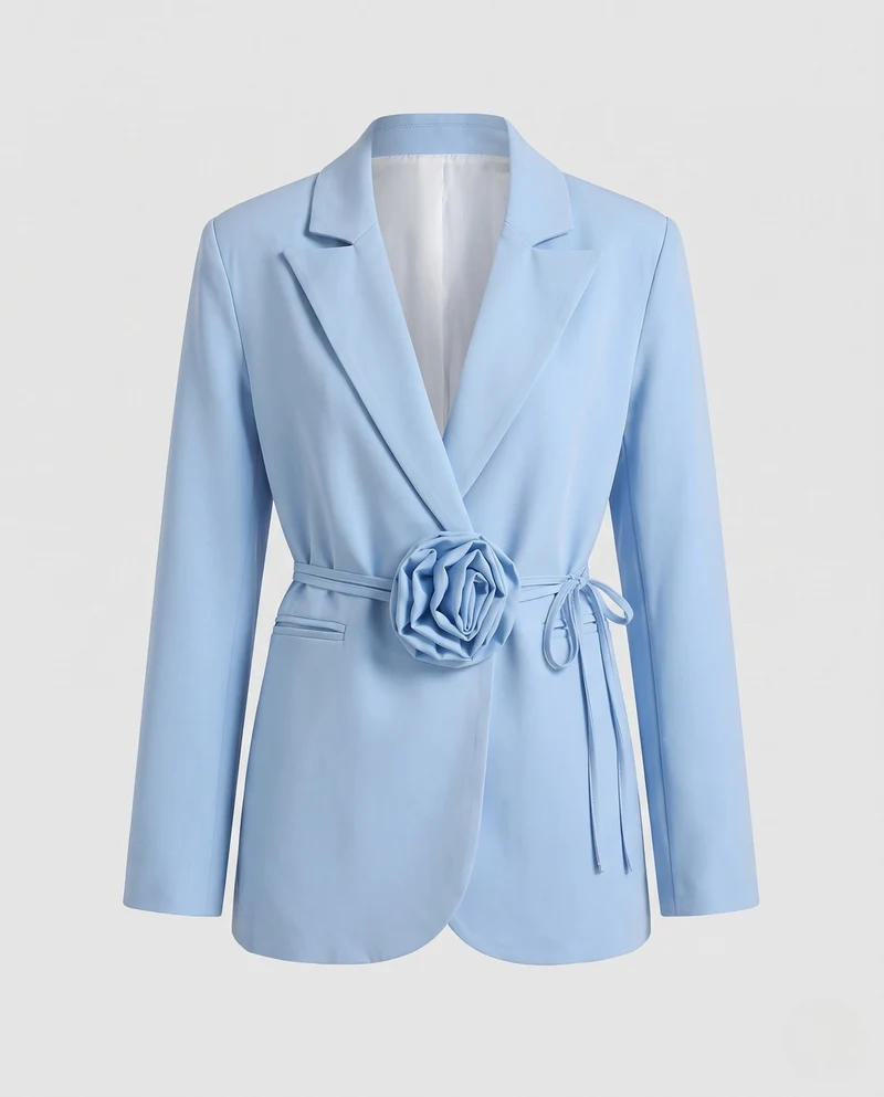 Damen Kurz Taillierter Blazer mit Drapiertem Rosen-Gürtel und Reverskragen Nord Taschen