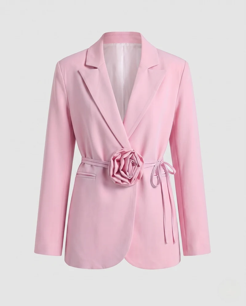 Damen Kurz Taillierter Blazer mit Drapiertem Rosen-Gürtel und Reverskragen Nord Taschen