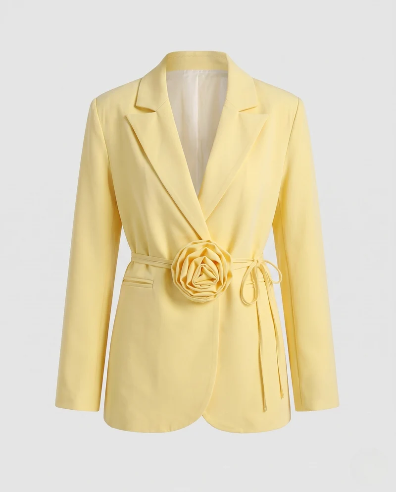 Damen Kurz Taillierter Blazer mit Drapiertem Rosen-Gürtel und Reverskragen Nord Taschen