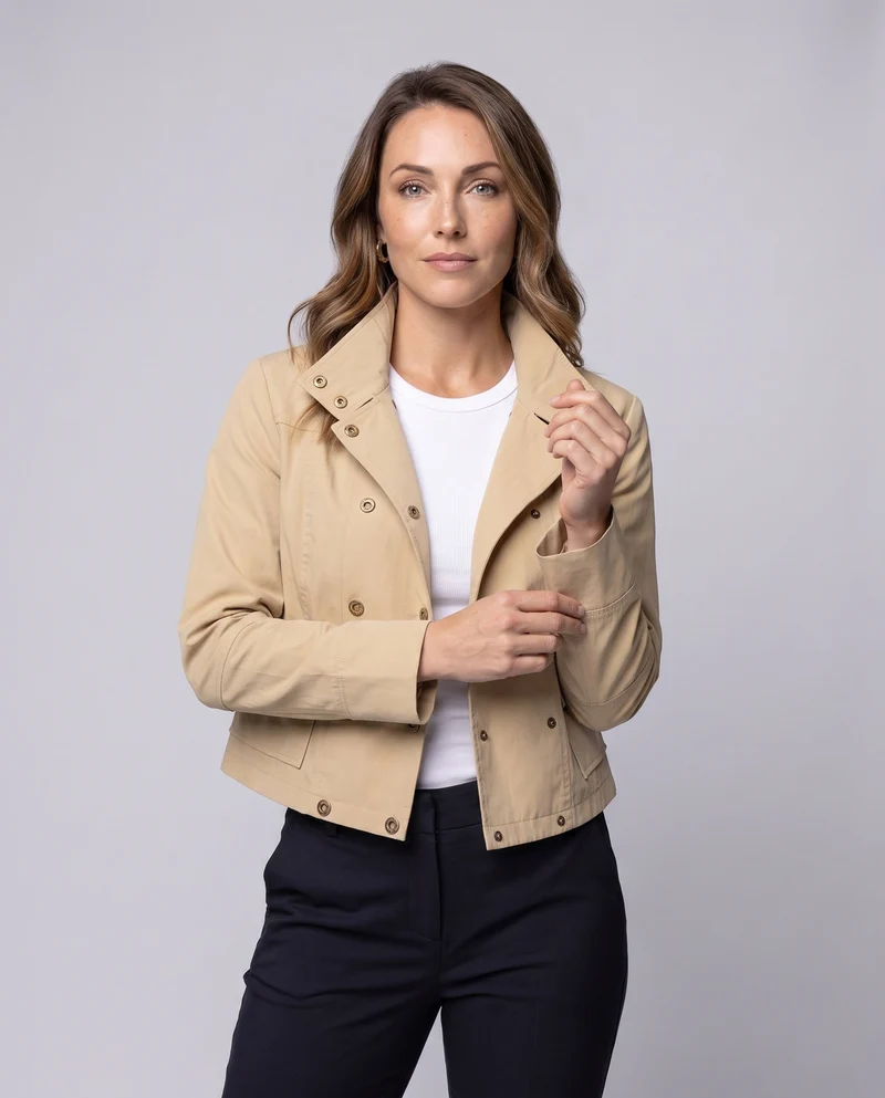 Frauen Kurzschnitt Utility Jacket mit Doppelt-Knöpfen und Stehkragen Nord Taschen