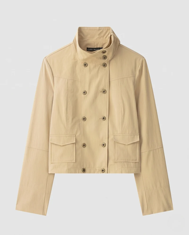 Frauen Kurzschnitt Utility Jacket mit Doppelt-Knöpfen und Stehkragen Nord Taschen