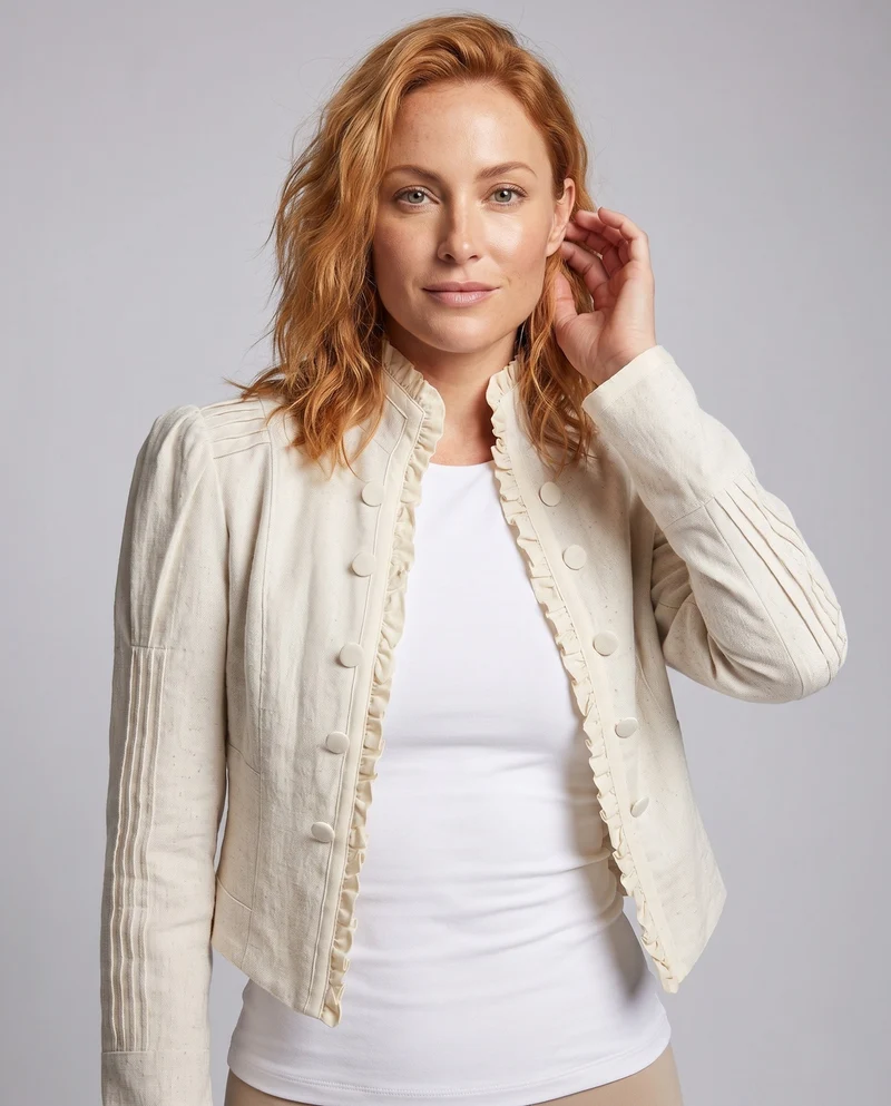 Damen kurze taillierte Jacke mit Rüschensaum, Stehkragen und dekorativen Falten Nord Taschen