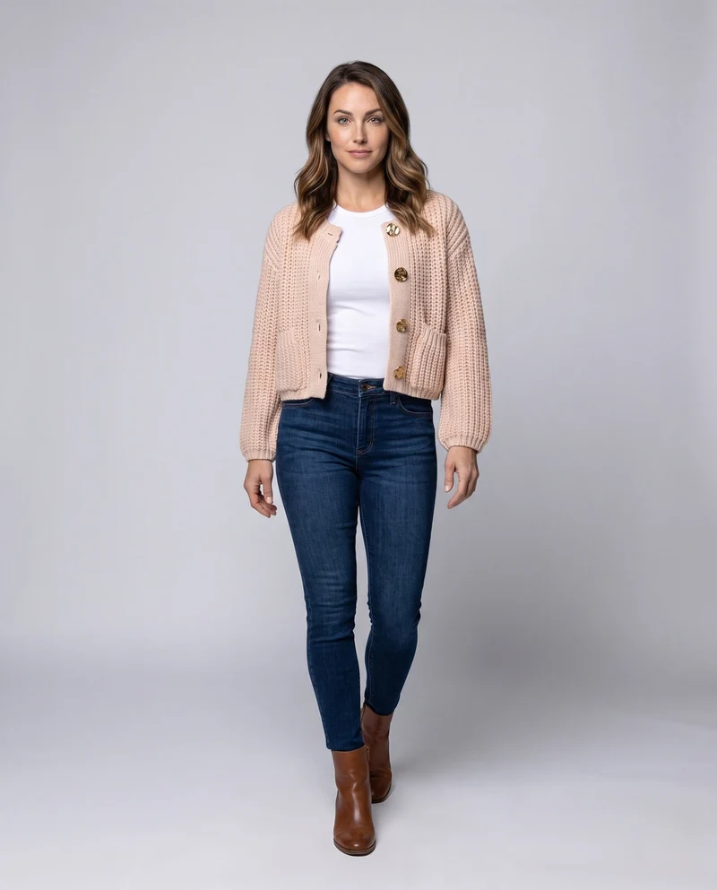 Damen Short Chunky Strickjacke mit Patten und dekorativen Metallknöpfen Nord Taschen
