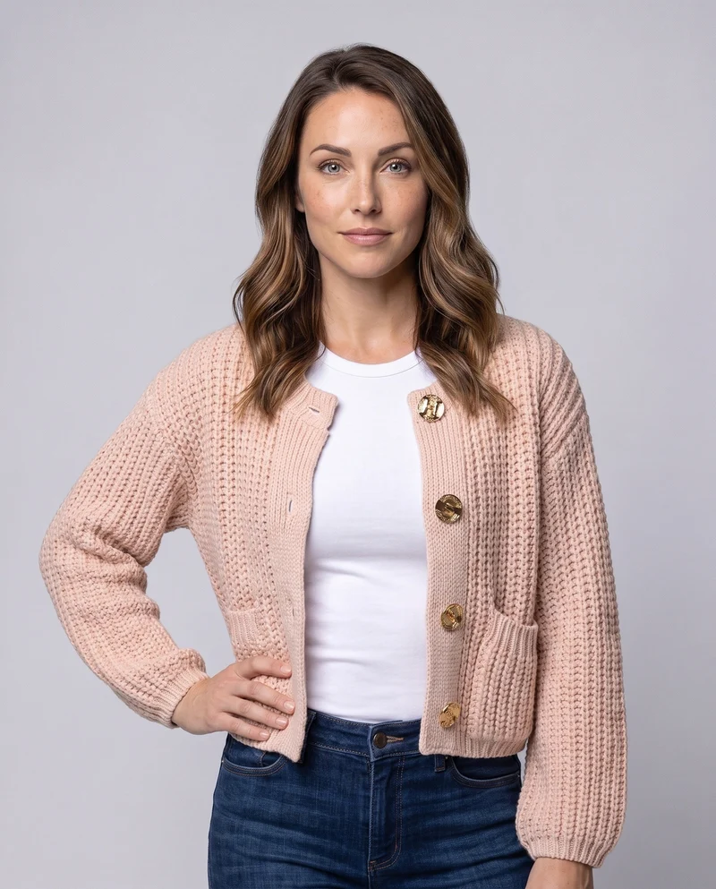 Damen Short Chunky Strickjacke mit Patten und dekorativen Metallknöpfen Nord Taschen