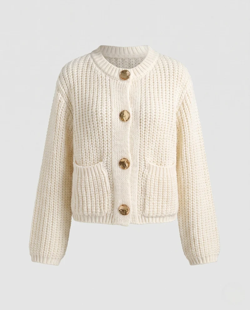 Damen Short Chunky Strickjacke mit Patten und dekorativen Metallknöpfen Nord Taschen