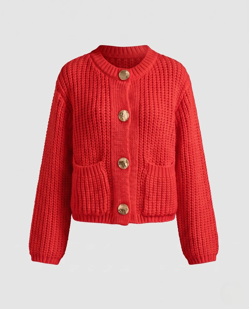 Damen Short Chunky Strickjacke mit Patten und dekorativen Metallknöpfen Nord Taschen