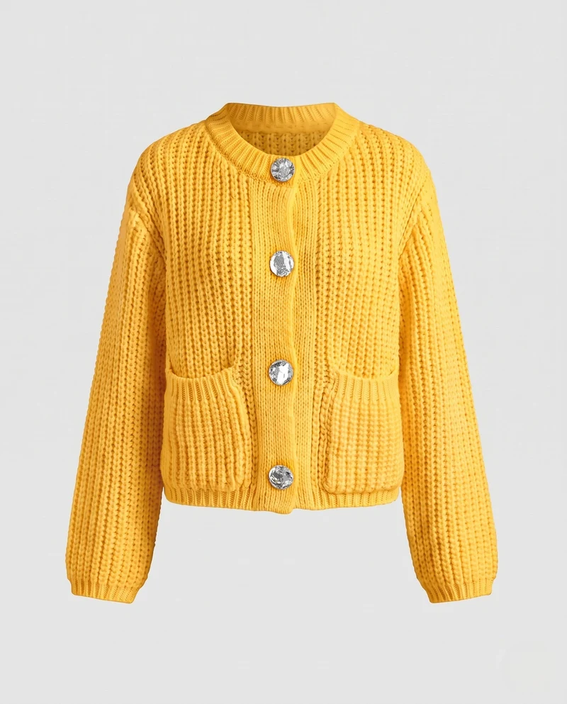 Damen Short Chunky Strickjacke mit Patten und dekorativen Metallknöpfen Nord Taschen
