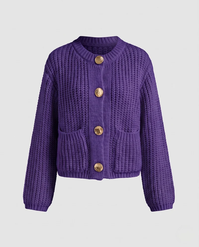 Damen Short Chunky Strickjacke mit Patten und dekorativen Metallknöpfen Nord Taschen