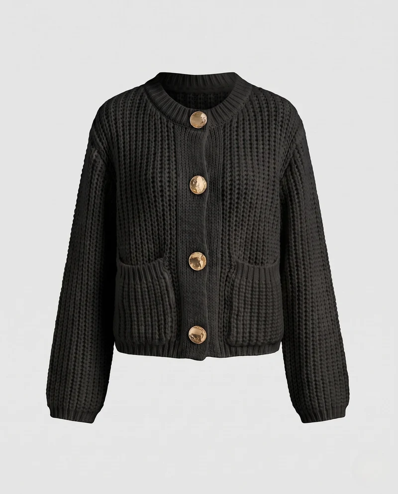 Damen Short Chunky Strickjacke mit Patten und dekorativen Metallknöpfen Nord Taschen