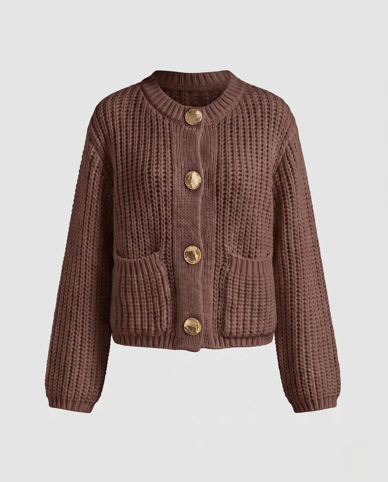 Damen Short Chunky Strickjacke mit Patten und dekorativen Metallknöpfen Nord Taschen