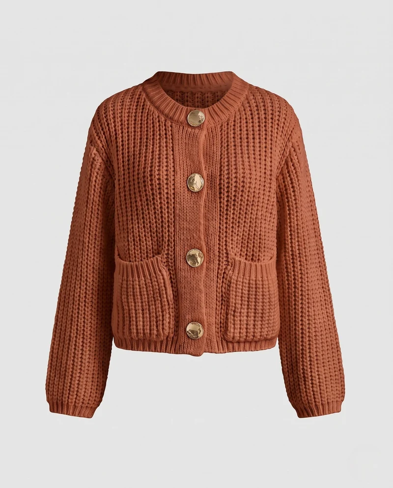 Damen Short Chunky Strickjacke mit Patten und dekorativen Metallknöpfen Nord Taschen