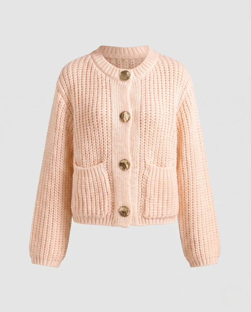 Damen Short Chunky Strickjacke mit Patten und dekorativen Metallknöpfen Nord Taschen