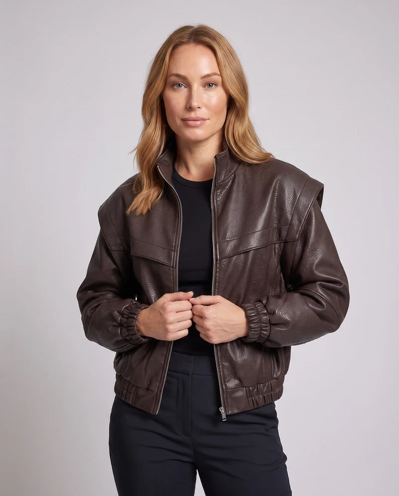 Damen Kurze Kunstleder Bomberjacke mit Umhangschulter und Stehkragen Nord Taschen