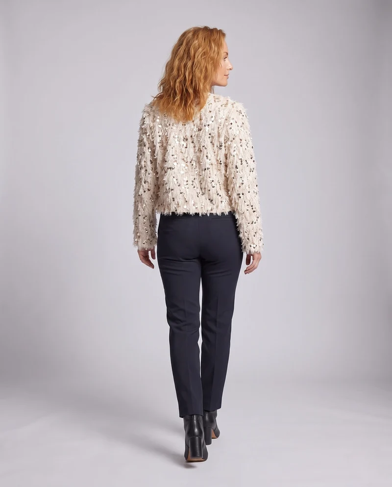 Damen Kurze Pailletten Teddyjacke im Faux Fur Look mit Rundhalsausschnitt und Futter Nord Taschen