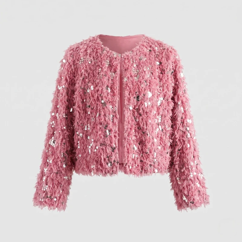 Damen Kurze Pailletten Teddyjacke im Faux Fur Look mit Rundhalsausschnitt und Futter Nord Taschen
