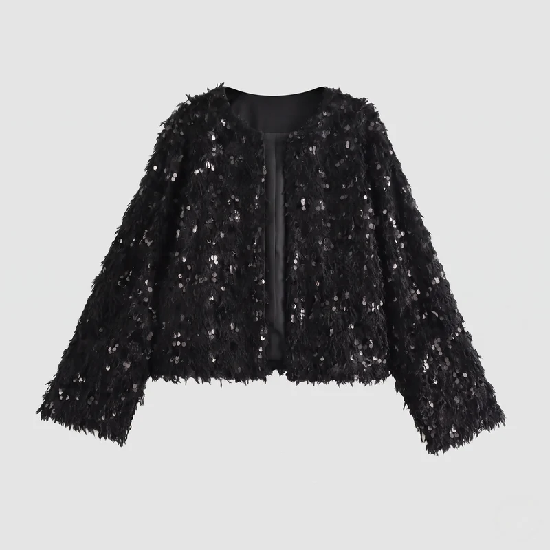 Damen Kurze Pailletten Teddyjacke im Faux Fur Look mit Rundhalsausschnitt und Futter Nord Taschen