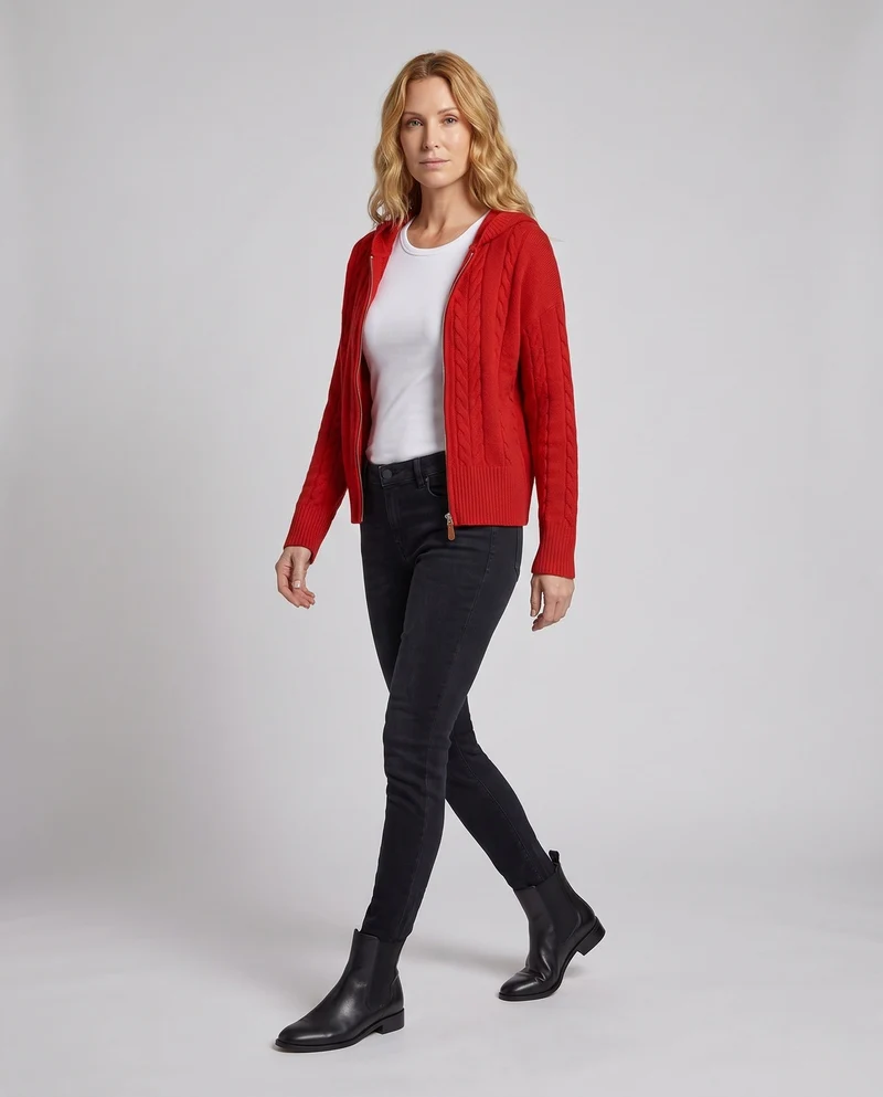 Damen feine Strick-Hoodie-Jacke mit Kabelmuster und durchgehendem Reißverschluss Nord Taschen