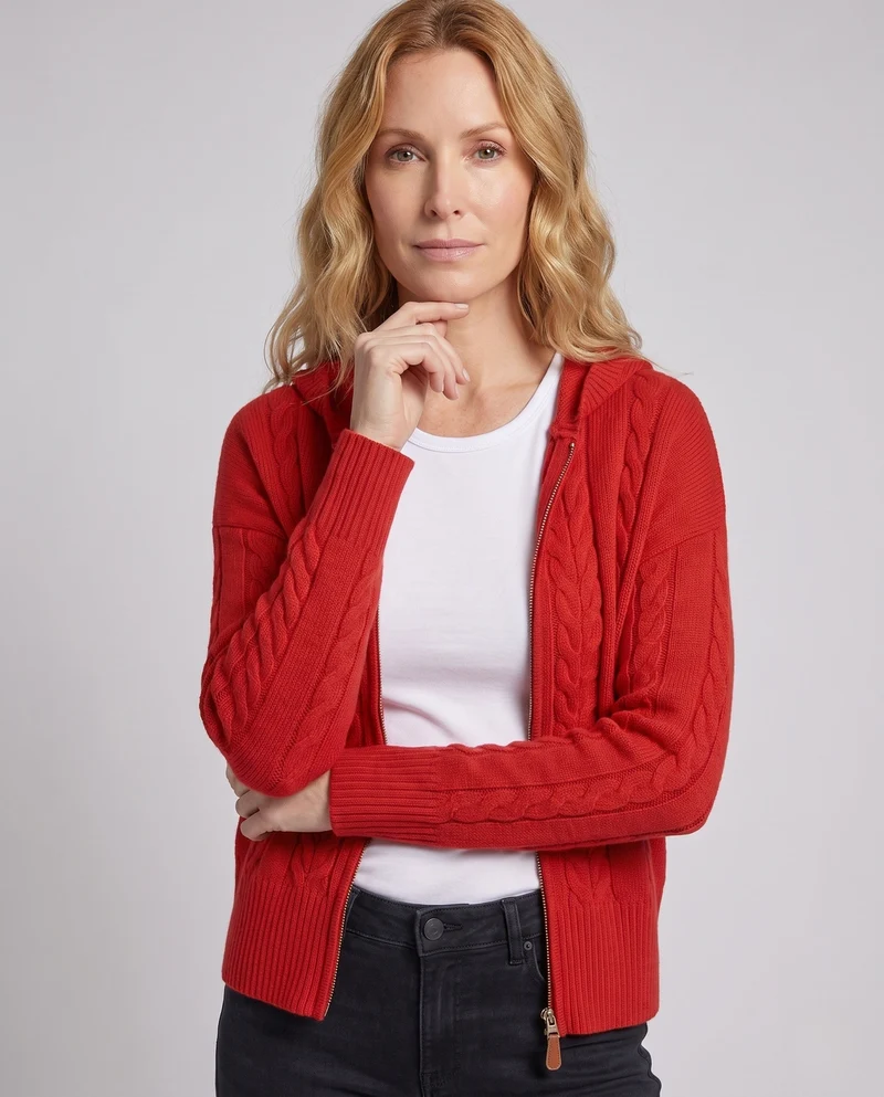 Damen feine Strick-Hoodie-Jacke mit Kabelmuster und durchgehendem Reißverschluss Nord Taschen