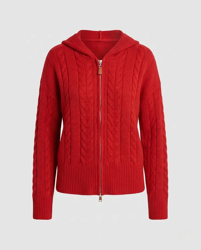 Damen feine Strick-Hoodie-Jacke mit Kabelmuster und durchgehendem Reißverschluss Nord Taschen