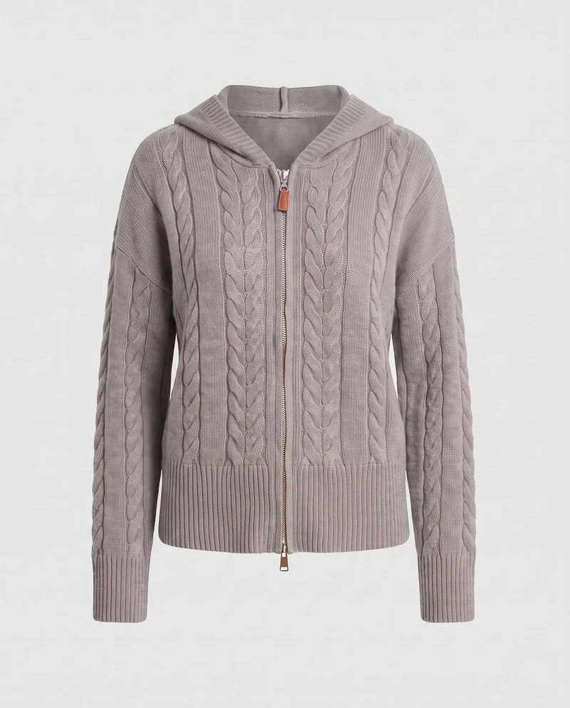Damen feine Strick-Hoodie-Jacke mit Kabelmuster und durchgehendem Reißverschluss Nord Taschen
