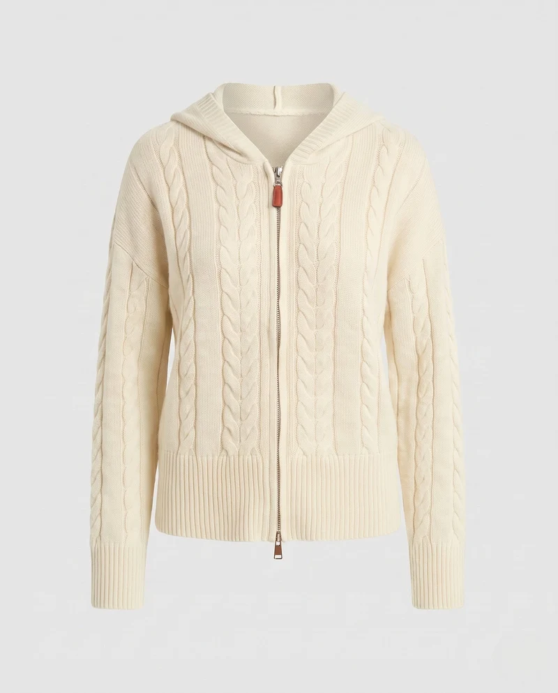 Damen feine Strick-Hoodie-Jacke mit Kabelmuster und durchgehendem Reißverschluss Nord Taschen