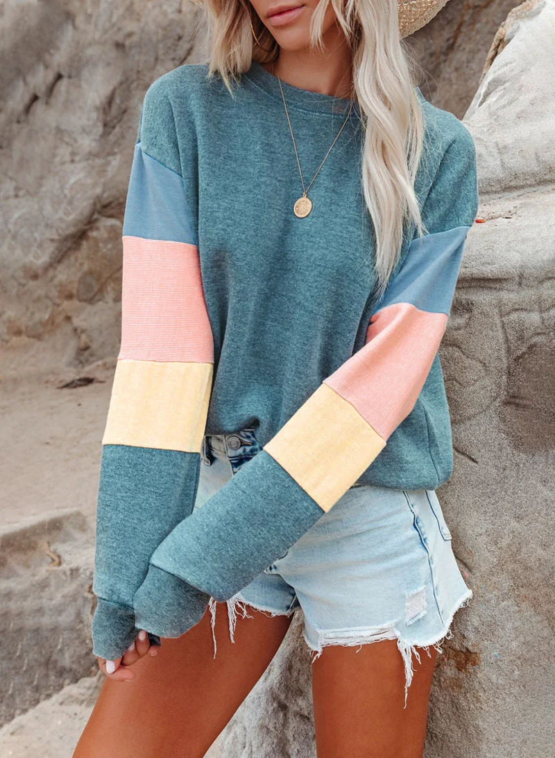 Damen Freizeitpullover mit buntem Ärmeldesign - Arvani
