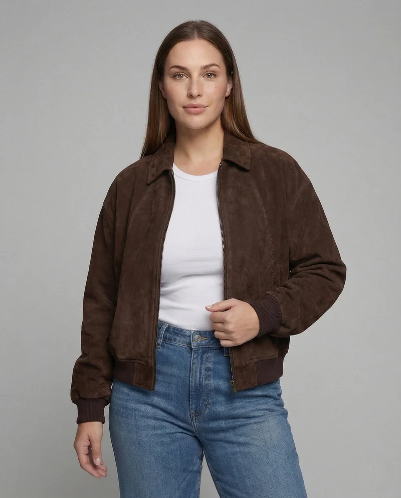 Damen Veloursleder Bomberjacke Weit