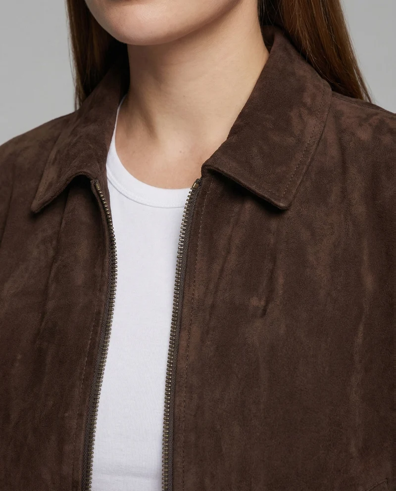 Damen Veloursleder Bomberjacke Weit