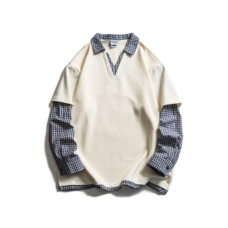 Herren Lagenlook-Pullover mit integriertem Karo-Hemdkragen und eingesetzten Hemdärmeln Nord Taschen