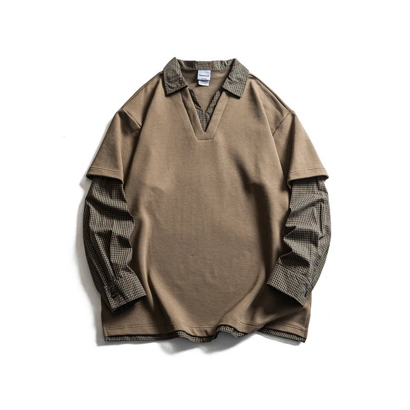 Herren Lagenlook-Pullover mit integriertem Karo-Hemdkragen und eingesetzten Hemdärmeln Nord Taschen
