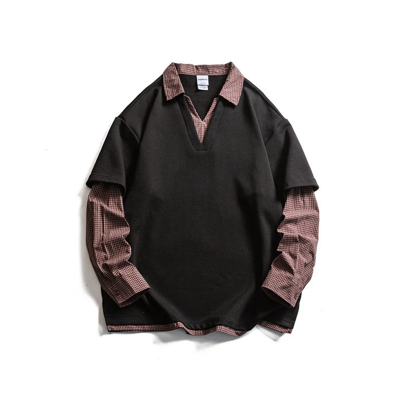 Herren Lagenlook-Pullover mit integriertem Karo-Hemdkragen und eingesetzten Hemdärmeln Nord Taschen