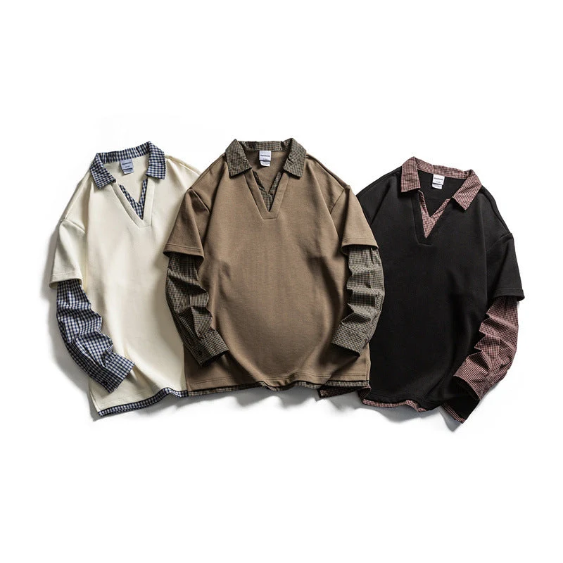 Herren Lagenlook-Pullover mit integriertem Karo-Hemdkragen und eingesetzten Hemdärmeln Nord Taschen