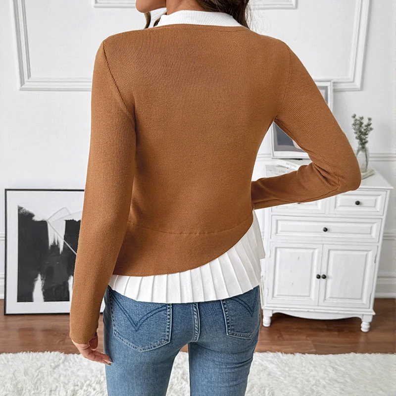 Damen Figurbetonte Strickbluse mit asymmetrischer Knopfleiste und plissiertem Einsatz Nord Taschen