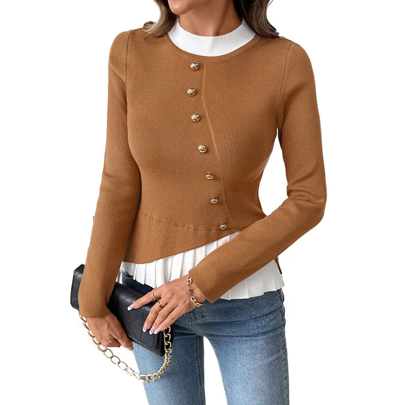 Damen Figurbetonte Strickbluse mit asymmetrischer Knopfleiste und plissiertem Einsatz Nord Taschen