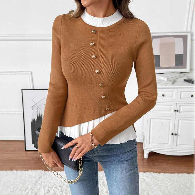 Damen Figurbetonte Strickbluse mit asymmetrischer Knopfleiste und plissiertem Einsatz Nord Taschen