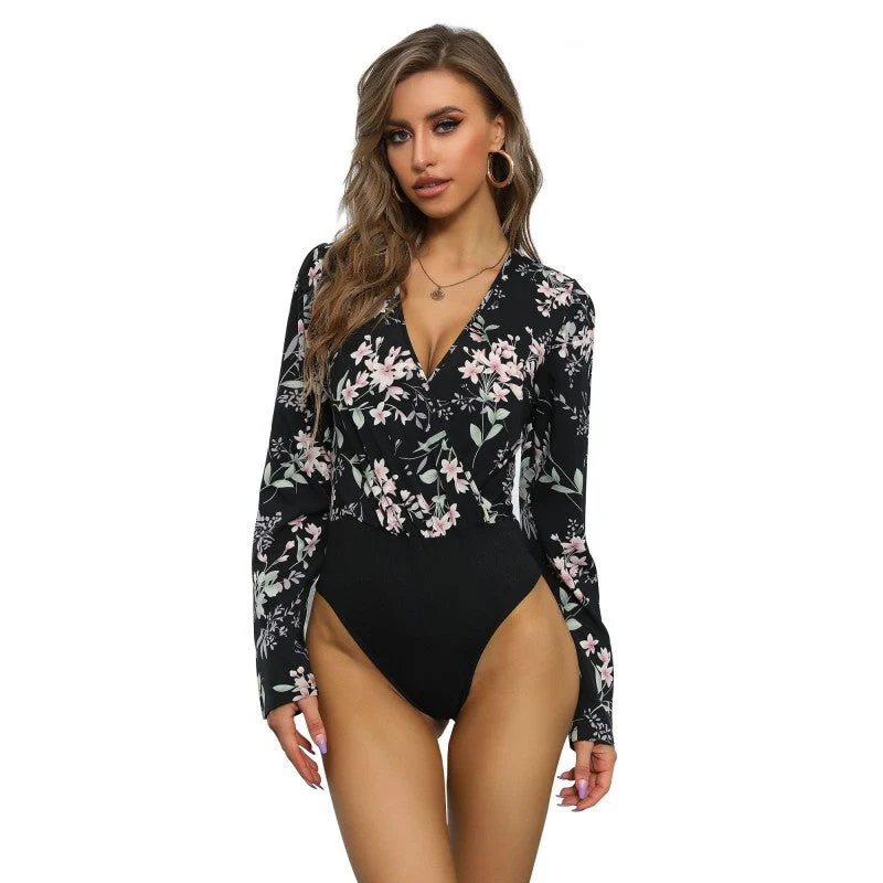 Damen Figurbetonte Wickelbluse mit tiefem V‑Ausschnitt und floralem Print Nord Taschen
