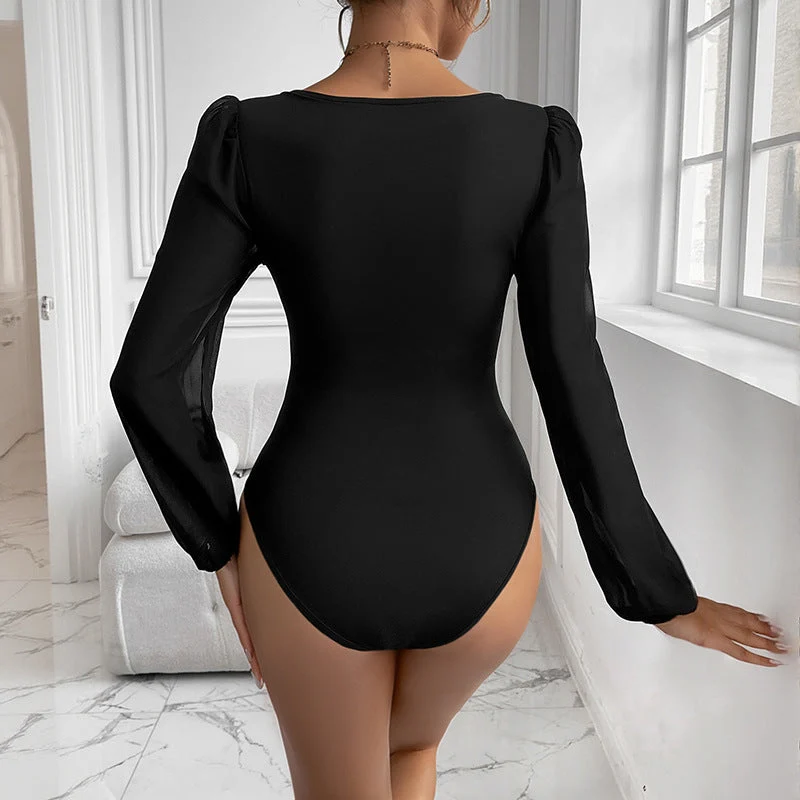 Damen Figurbetonter Body mit Herzausschnitt, Puffärmeln und transparenten Chiffon‑Ärmeln Nord Taschen
