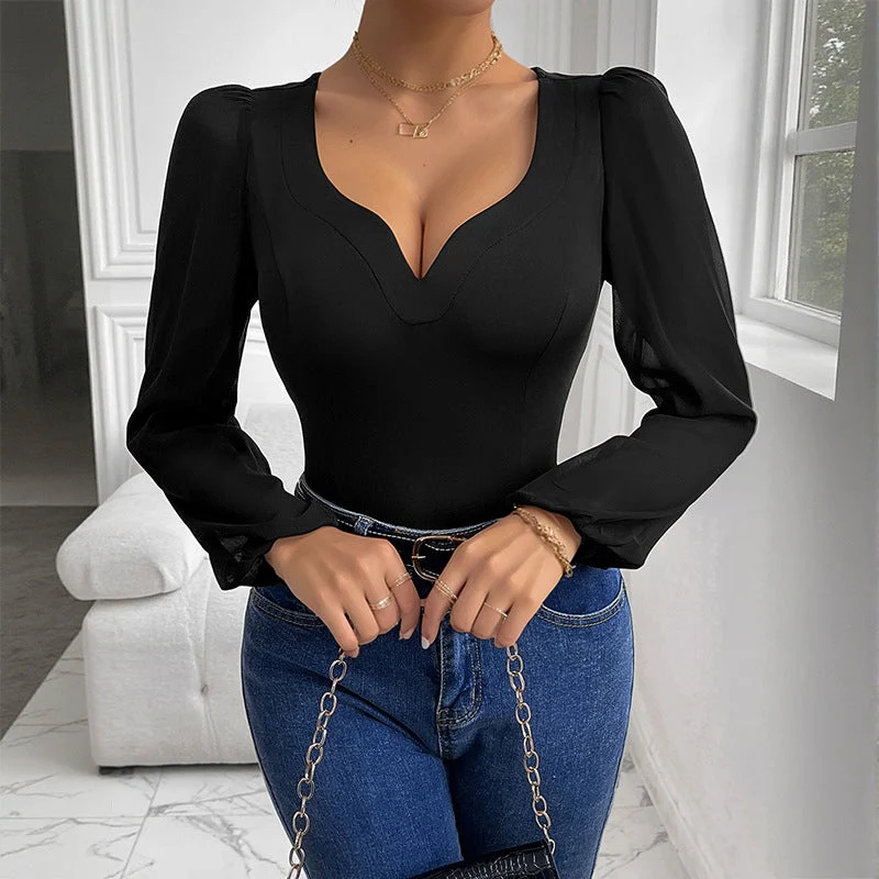 Damen Figurbetonter Body mit Herzausschnitt, Puffärmeln und transparenten Chiffon‑Ärmeln Nord Taschen