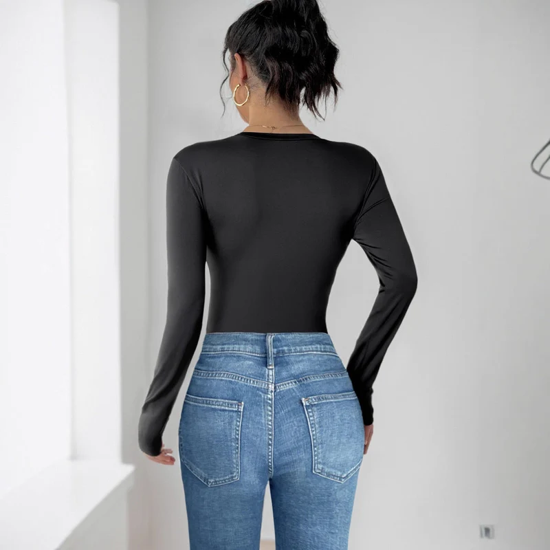 Damen Figurbetonter Langarm-Body mit dreidimensionalen Rosenapplikationen Nord Taschen