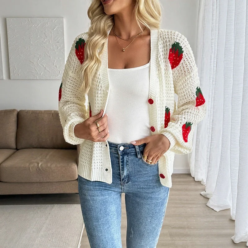 Damen Gestrickter Cropped-Cardigan mit Erdbeer‑Intarsien, V‑Ausschnitt und Knopfleiste Nord Taschen