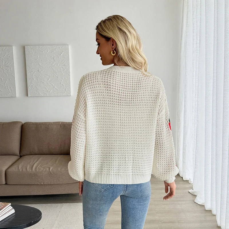 Damen Gestrickter Cropped-Cardigan mit Erdbeer‑Intarsien, V‑Ausschnitt und Knopfleiste Nord Taschen