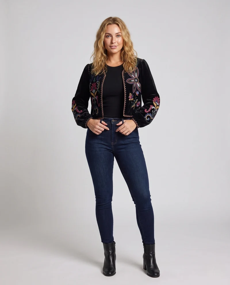 Damen Bestickte Samt-Cropped-Jacke mit floraler Stickerei Nord Taschen