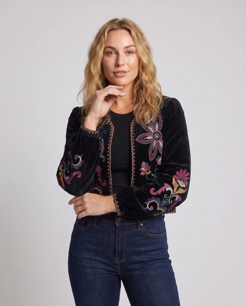 Damen Bestickte Samt-Cropped-Jacke mit floraler Stickerei Nord Taschen