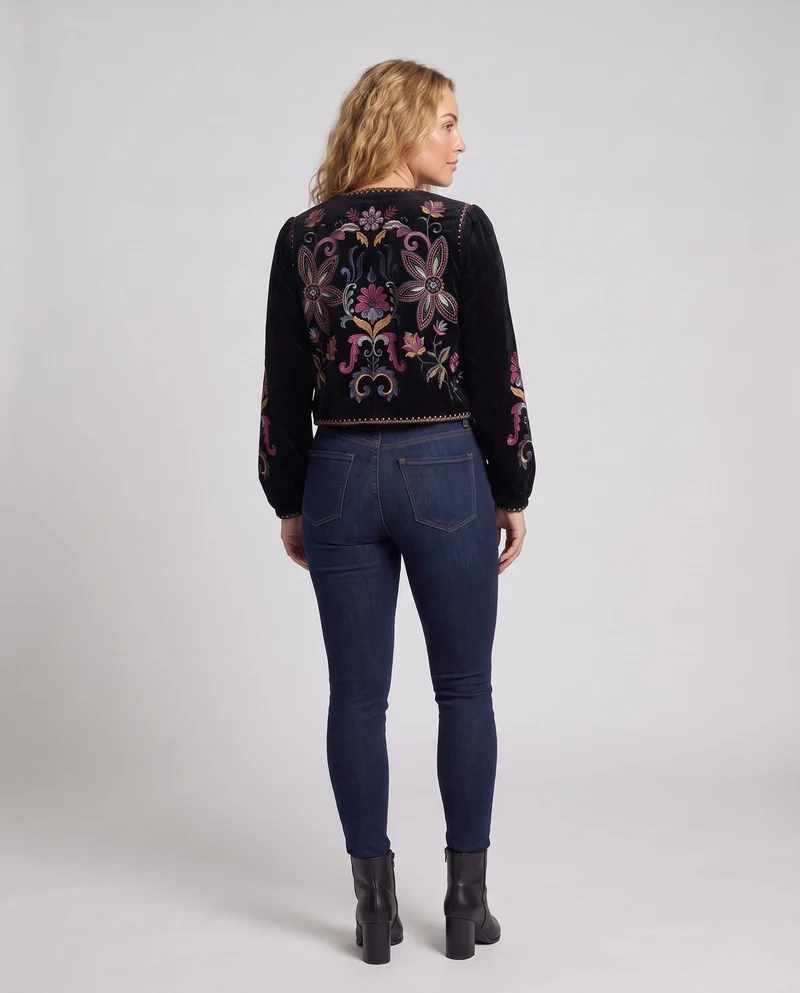 Damen Bestickte Samt-Cropped-Jacke mit floraler Stickerei Nord Taschen