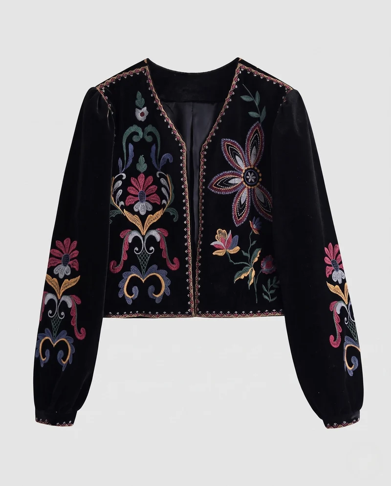 Damen Bestickte Samt-Cropped-Jacke mit floraler Stickerei Nord Taschen