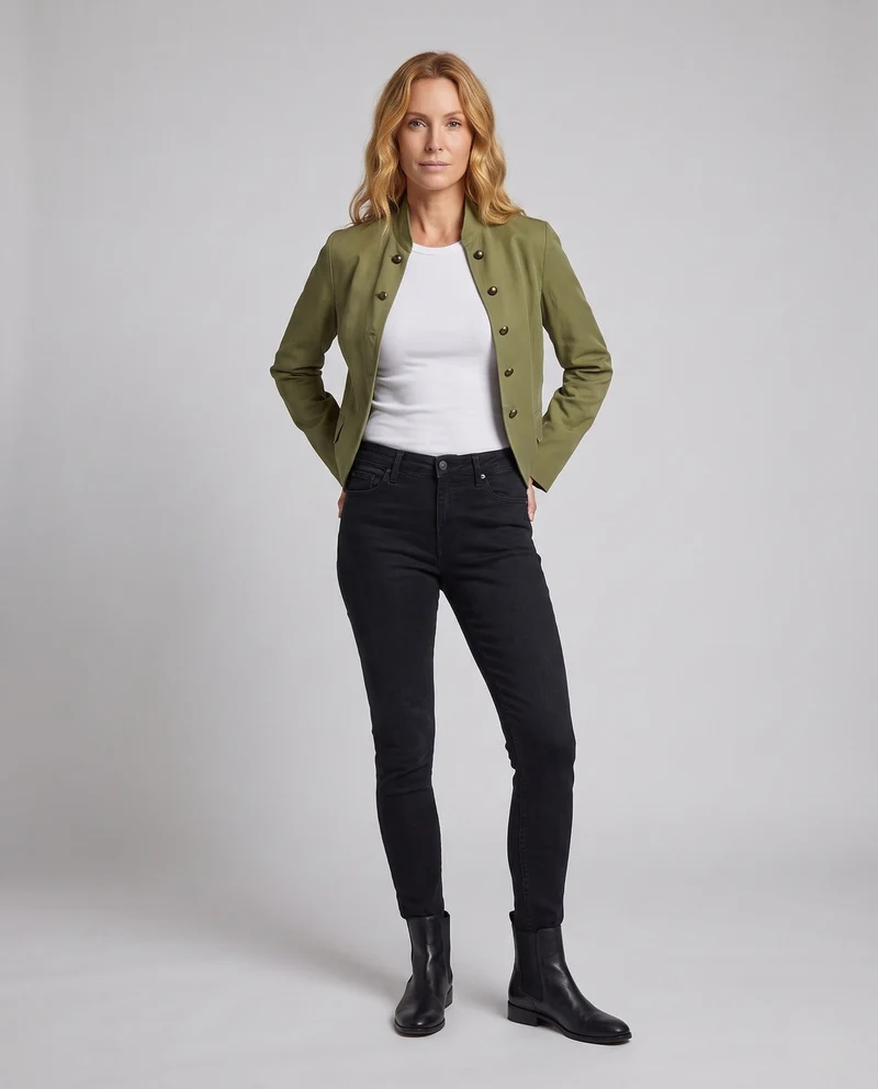 Damen Cropped Militärjacke mit Stehkragen, dekorativer doppelter Knopfleiste und Klapptaschen Nord Taschen